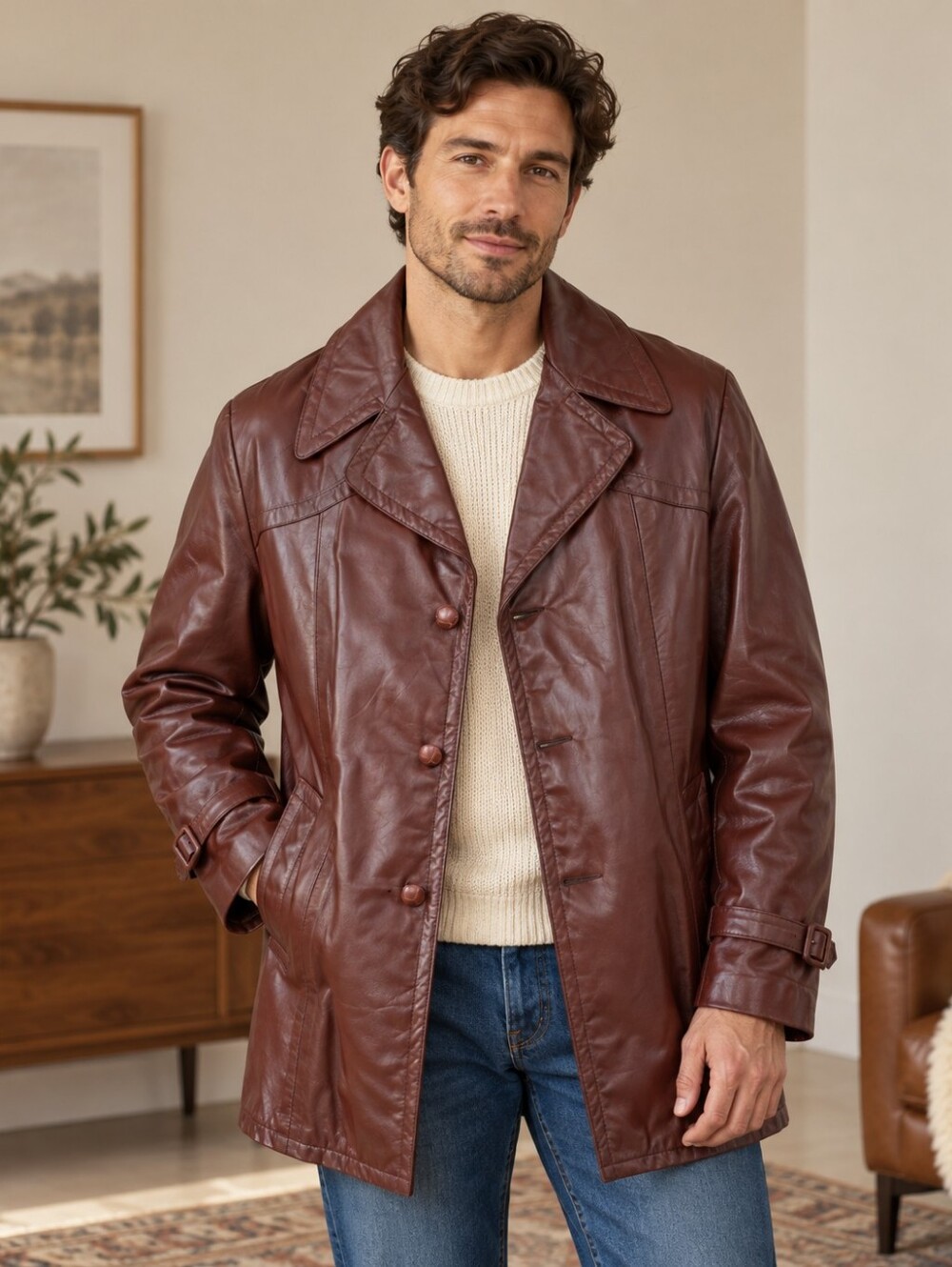 Vintage Sears Men’s 100% Leather Burgundy Car Coat Faux Fur Lined Size 40